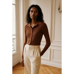 Olivaceous Brown Ribbed Knit Cropped Cardigan Long Sleeve Top Size‎ L